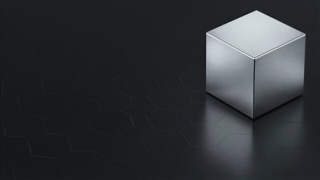 Shiny silver cube rests on dark hexagonal patterned surface, minimalist and sleek.