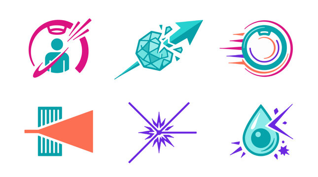 Radiotherapy and oncology technology vector icons set. Medical physics elements for linear accelerator patient treatment, tumor destruction, multileaf collimator beam, and radiation isocenter.