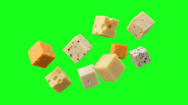 Various types of cheese cubes, including cheddar, swiss, and blue cheese, fall through the frame in a dynamic food explosion. Shot on a vivid chroma key green screen, this footage is designed for easy