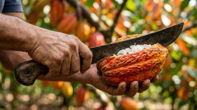 Farmer hands cutting fresh ripe cacao pod with machete in tropical plantation for chocolate production