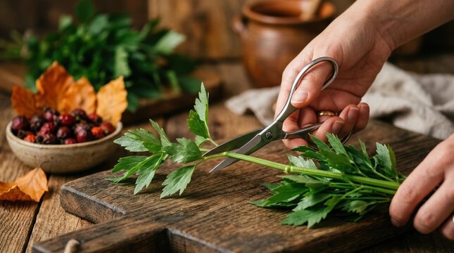 Person cutting fresh green lovage herbs with scissors on rustic wooden board for organic cooking preparation