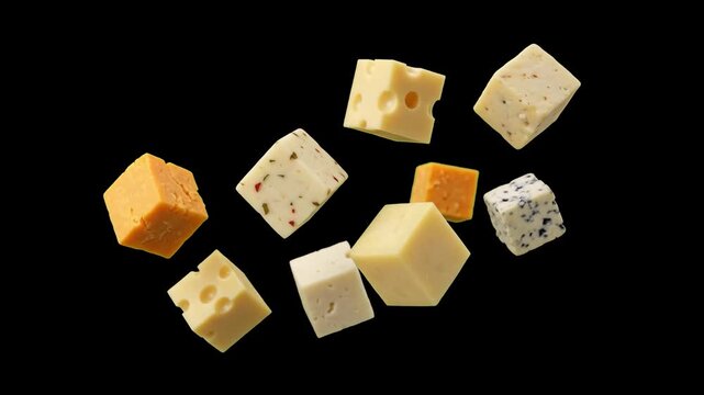 A dynamic selection of gourmet cheese cubes, including Swiss, blue cheese, and cheddar, floating and falling in mid-air. The 3D animation features high-contrast food styling against a dark, isolated b