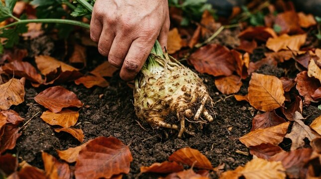 Hand Harvesting Fresh Organic Celeriac Root from Garden Soil in Autumn for Sustainable Farm to Table Cooking