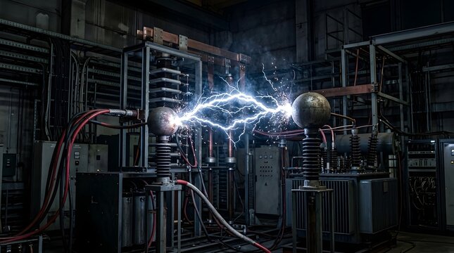 High voltage electricity arc between two spheres in a laboratory