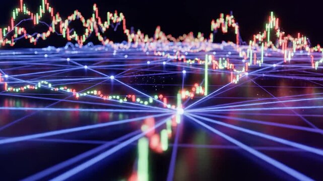 A futuristic graph with multicolored lines and data points on a dark background