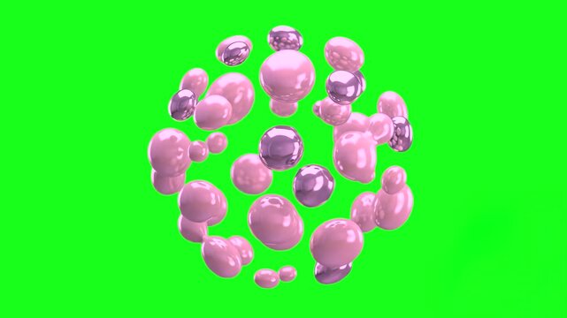 A clustered arrangement of glossy pink liquid droplets and metallic purple spheres floats seamlessly together. This 3D render asset is set against a vibrant chroma key green screen for versatile backg