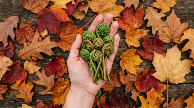 Hand Holding Fresh Fiddlehead Ferns Over Autumn Leaves Background for Seasonal Foraging and Healthy Organic Food Concepts