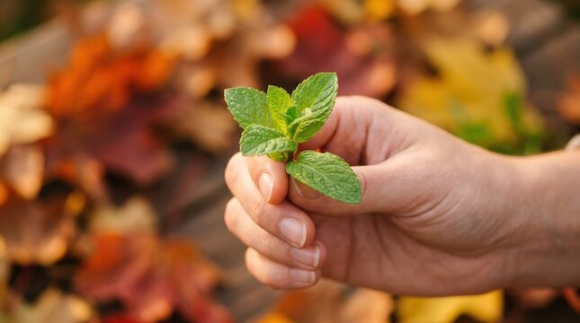 Hand holding fresh green mint sprig against blurred autumn leaves for herbal medicine and organic cooking concept