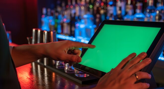 Person using a touch screen POS system at a bar with blurred bottles in the background.
