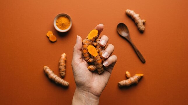 Hand Holding Fresh Turmeric Root for Natural Health and Organic Cooking Ingredients