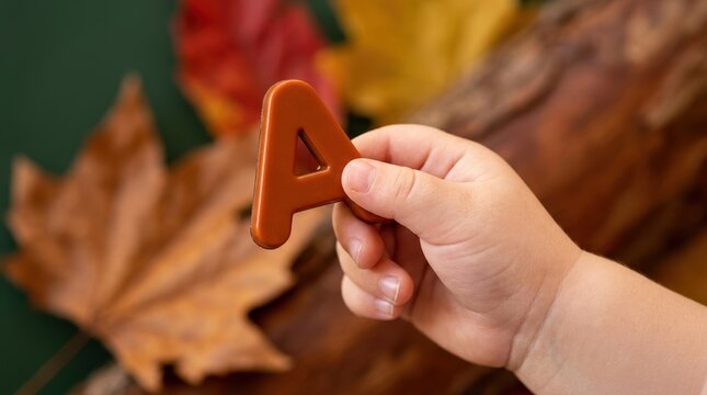 Toddler hand holding plastic letter A for early childhood education and autumn learning activities