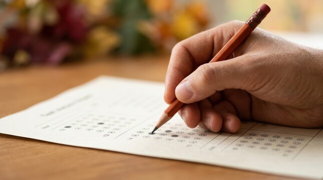 Close up of a student hand filling out a multiple choice test sheet with a pencil for academic assessment and exam