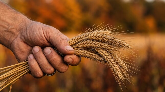 Mature Caucasian Farmer Hand Holding Golden Wheat Stalks Harvest Concept Agriculture Industry Symbolism