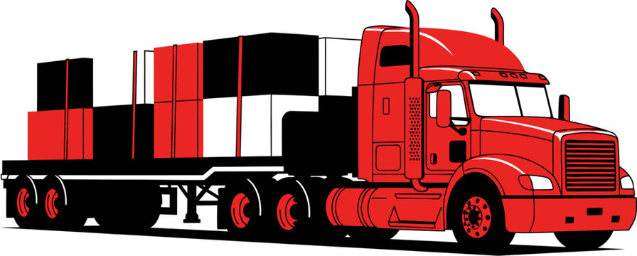 Red heavy duty semi truck transporting cargo load on flatbed trailer illustration for industrial logistics and freight delivery