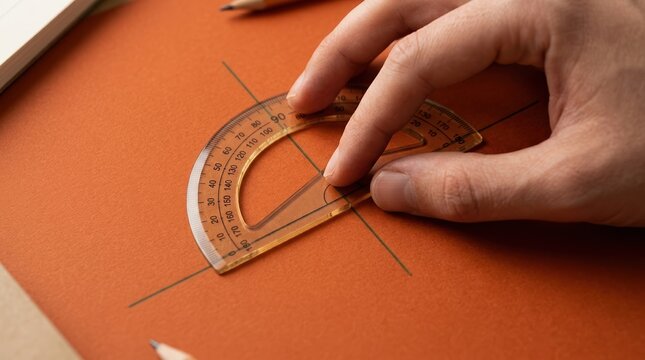 Close up of a male hand using a plastic protractor to measure angles on orange paper for geometry and engineering design
