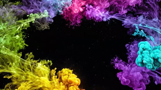 Vibrant colorful ink plumes exploding in water, creating an abstract frame on a black background, fluid art movement