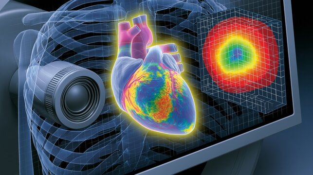 Medical illustration of a technetium-99m cardiac scintigraphy study, showing a glowing heart overlay, gamma camera detector, and color-coded tracer uptake on a dark diagnostic screen, with rib cage