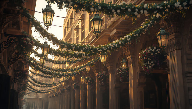 Elegant wedding archway, floral decorations, string lights, outdoor event, romantic ambiance