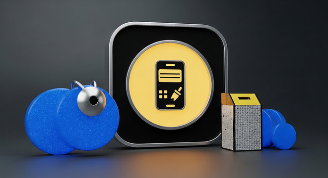 3D Render of a Modern Smartphone App Icon with Abstract Geometric Blue Shapes on Dark Background