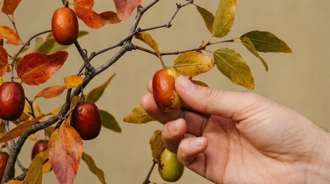 Hand picking fresh ripe jujube fruit from tree branch in autumn garden for healthy organic harvest concept