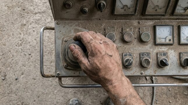 Dirty Hand of Male Industrial Worker Operating Old Machinery Joystick Control Panel in Factory Setting