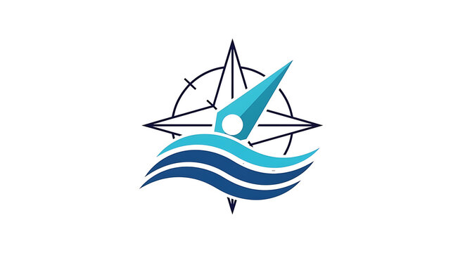 Stylized Compass Rose with Blue Ocean Waves and Fountain Pen Nib Logo Design