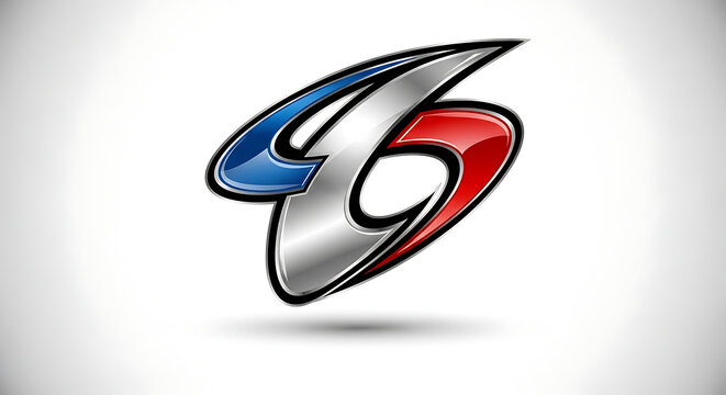 A dynamic, abstract metallic logo design with red, blue, and silver accents, suggesting speed and motion