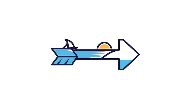 Stylized arrow illustration featuring a scenic maritime landscape with a sailboat and rising sun graphic