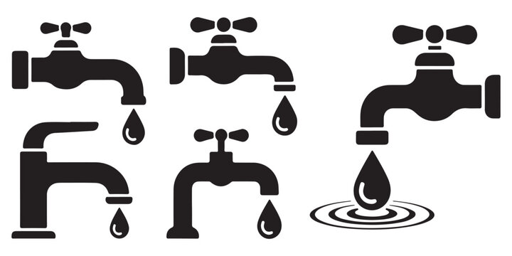Collection of various black water faucet silhouettes with falling drop icons for plumbing repair and pipe systems.