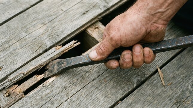 Close up of a man using a metal crowbar to pry up old weathered wooden deck boards during home renovation project