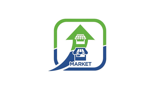 Market growth logo design with upward arrow and shop icons in green and blue colors