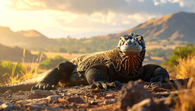 Majestic Komodo Dragon Resting in Savanna at Golden Sunset