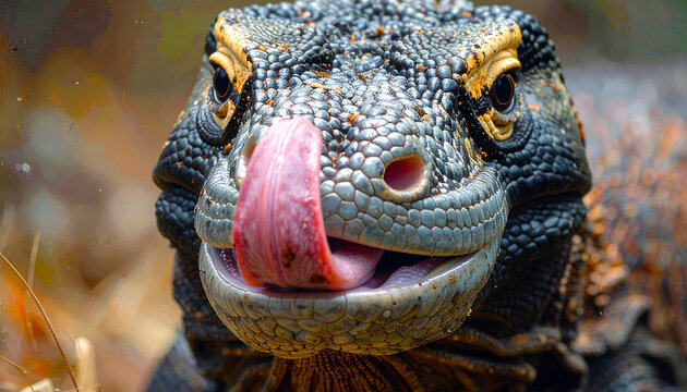 Close up portrait of a wild Komodo dragon flicking its tongue