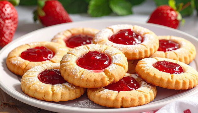 Fresh Strawberry Jam Thumbprint Cookies with Powdered Sugar