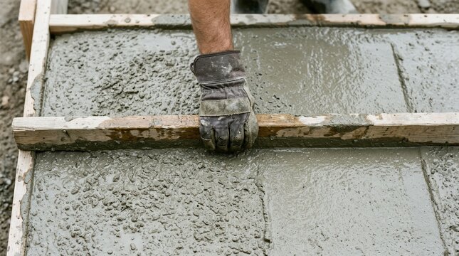 Construction worker leveling wet concrete slab with wooden screed board for residential patio foundation project
