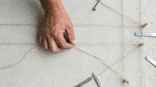 Senior craftsman hand creating geometric string art pattern on concrete floor for architectural planning or design
