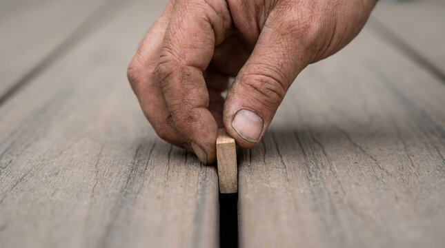 Close up of a carpenter hand installing wooden deck board spacer for precise gap spacing during outdoor patio construction