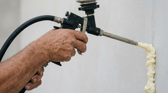 Construction worker applying expanding polyurethane spray foam insulation to a wall for energy efficiency and sealing