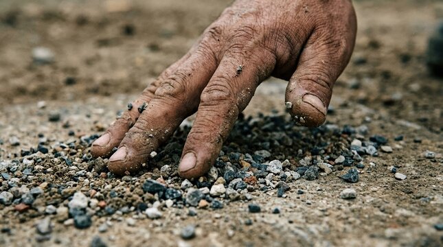 Weathered male hand touching gravel soil representing manual labor and connection to earth for construction or agriculture concepts