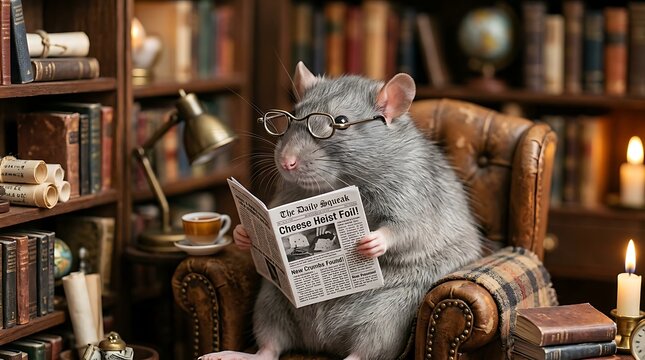 A cute gray rat wearing glasses reading a newspaper in a cozy vintage library.