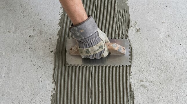 Professional Tiler Spreading Thinset Mortar with Notched Trowel for Floor Tile Installation Preparation