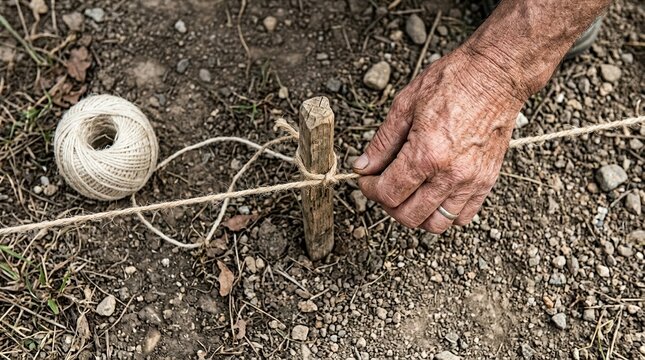 Senior gardener hands tying string to wooden stake for garden layout planning and vegetable bed marking