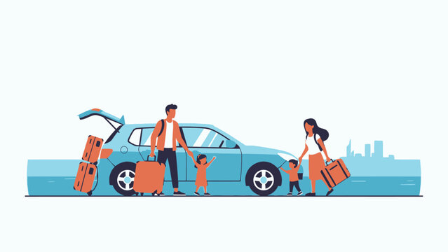 Family loading car for road trip with luggage and dog