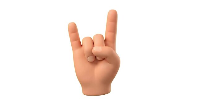 A 3D rendered cartoon-style hand making the rock on or sign of the horns gesture against a plain white background. This energetic icon is suitable for music-related content, youth lifestyle designs, a