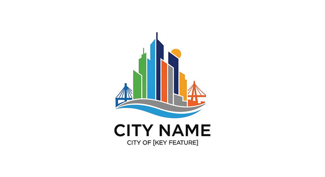 Modern colorful city skyline logo with skyscrapers and bridge