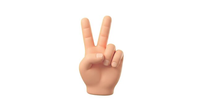 A high-quality 3D rendered human hand gesture showing a peace sign or victory symbol against a clean white background. This stylized icon is ideal for digital communication, social media graphics, and
