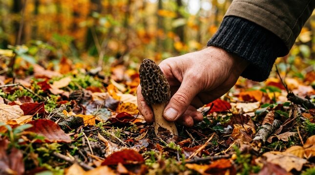 Hand picking wild morel mushroom in autumn forest for foraging hobby and gourmet cooking concept