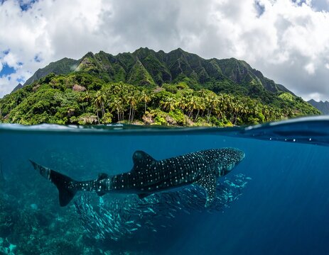 Over-under split shot of Cocos Island Costa Rica. Lush volcanic cliffs above water with a majestic whale shark and school of silver jacks swimming in clear blue ocean with sun rays below. 8k.