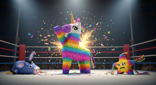 Victorious colorful unicorn pinata standing in a boxing ring with confetti celebration