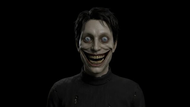 A terrifying 3D animated man with pale skin, wide unblinking eyes, and a malevolent grin stares out from the darkness. This dark, cinematic character design is perfect for horror video projects, jumps